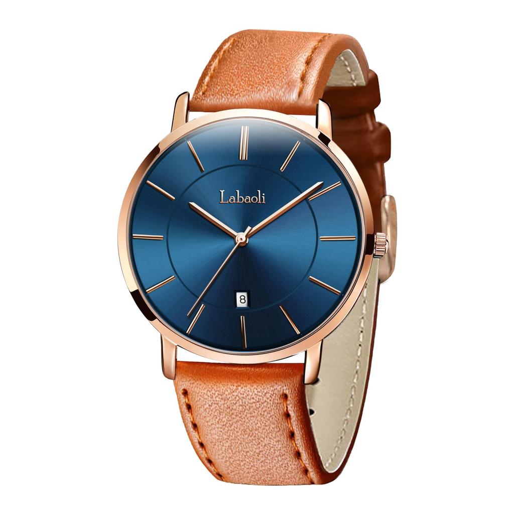 Ultra Thin Simple Casual Business Japanese Quartz 40mm Genuine Leather Unisex Band Rose Gold Blue Men's Watch, 6.5MM, Fashion, Watch, Movement, Dial,