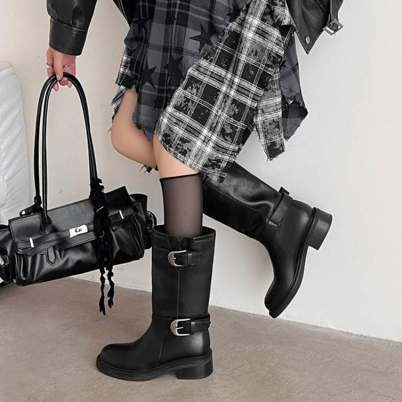Новые женские кожаные ботинки круглый носок универсальные большого размера женские ботинки средний каблук круглый носок резиновая платформа высокие ботинки кожаные ботинки-рыцари