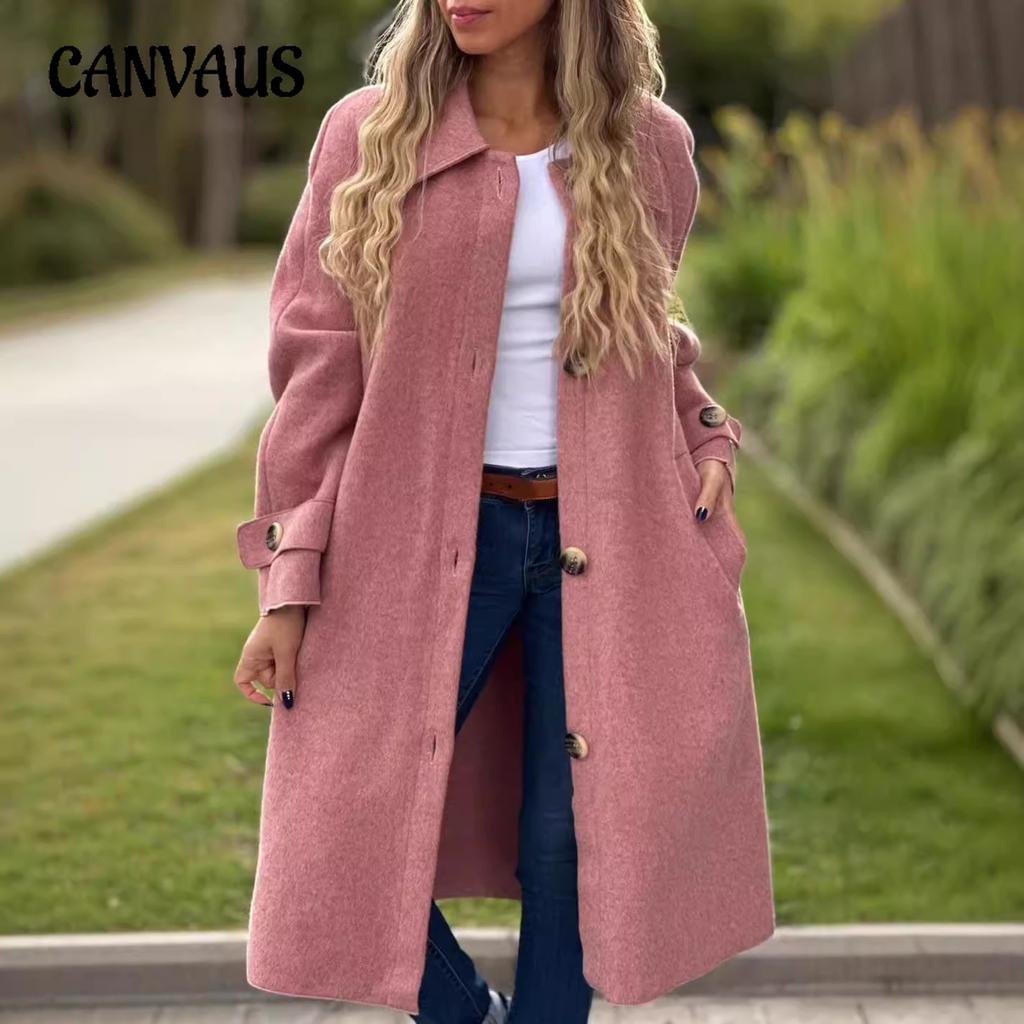 Autumn and Winter Women's Casual Button Long Solid Colour Tweed Jacket