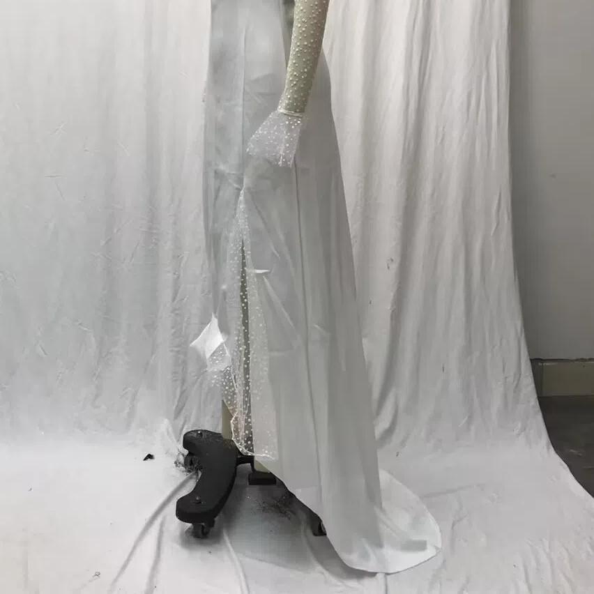 2025 Лето Осень Женское Прозрачное Сетчатое Свадебное Платье, Сексуальное Платье с V-образным вырезом и Длинными Рукавами с Высоким Разрезом, Белое Просвечивающее Свадебное Платье для Торжественных Мероприятий