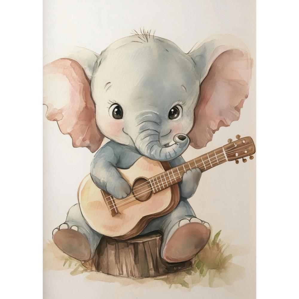 Watercolor Cute Animals Fox, Elephant, Bear, Playing Instruments Poster Canvas Painting Print Nursery Wall Art Home Decor