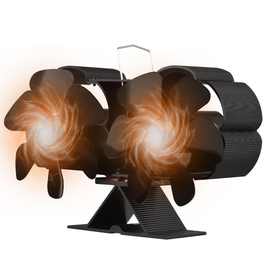 Dual Head 6 Blade Heat Powered Stove Fan with Carrying Handle and Overheating Protection Portable