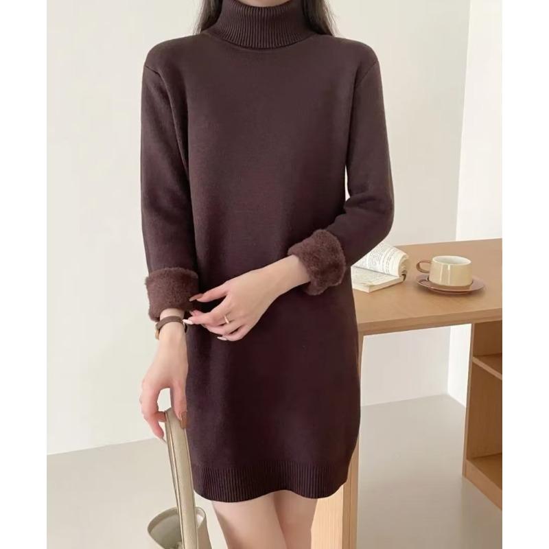 Зимний новый флисовый утолщенный термобелье базовый слой свитер женский с высоким воротом и длинными рукавами миди платье