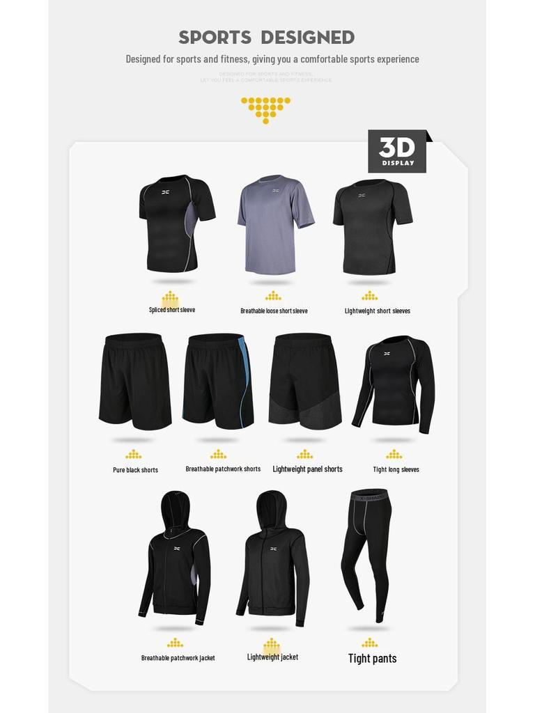 Мужской фитнес-костюм-пятерка черного цвета: Куртка, Короткий рукав, Футболка, Большой размер Спортивный костюм