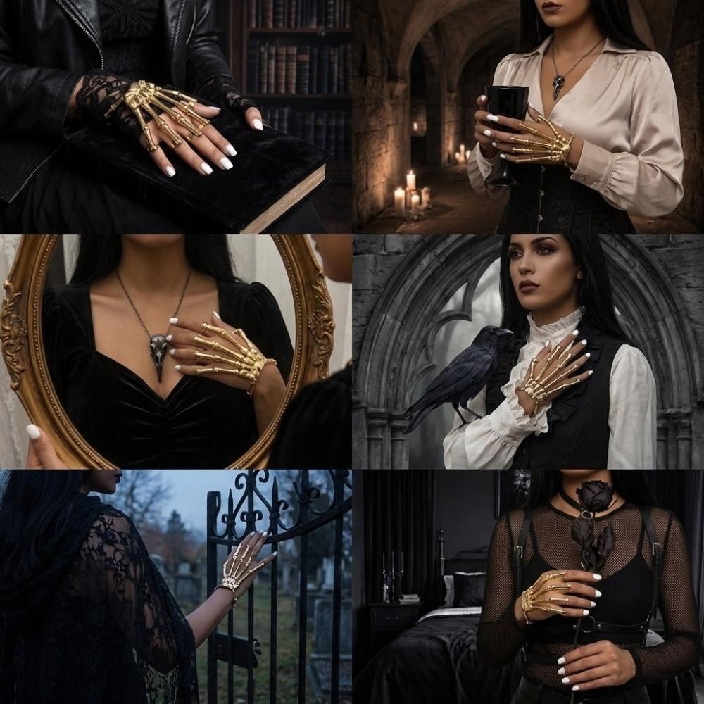 Adjustable Skull Bone Bracelet Retro Texture Halloween Hand Chain Gothic Finger Bangle  Cosplay