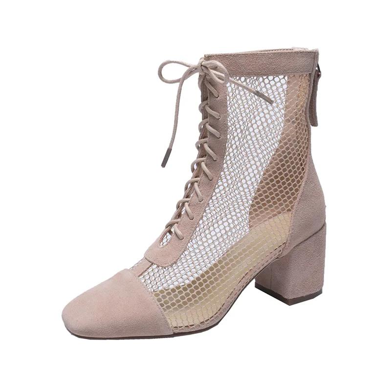 Knee High Boots for Women Summer New Chunky Heel Breathable Shoes Ladies 2024 High Hollow Roman Mesh Boots Chelsea Boots2024