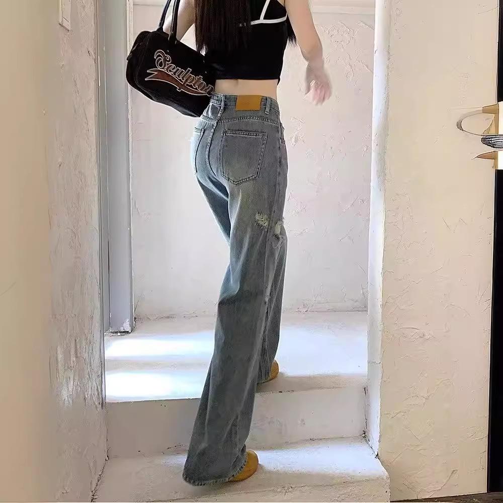 Американские рваные джинсы Slim-Fit в стиле ретро — женские, в гонконгском стиле, свободные, прямые, универсальные широкие летние брюки