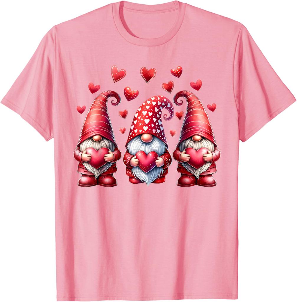 Pink Valentine Gnomes with Hearts Graphic Print Cotton T-Shirt Casual Daily Tee for Women Men