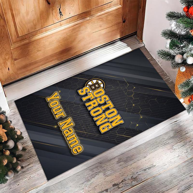 Boston Bruins Crystal Velvet Rug, Custom Name Text Personalized Non‑Slip Floor Mat for Home Decor Gift