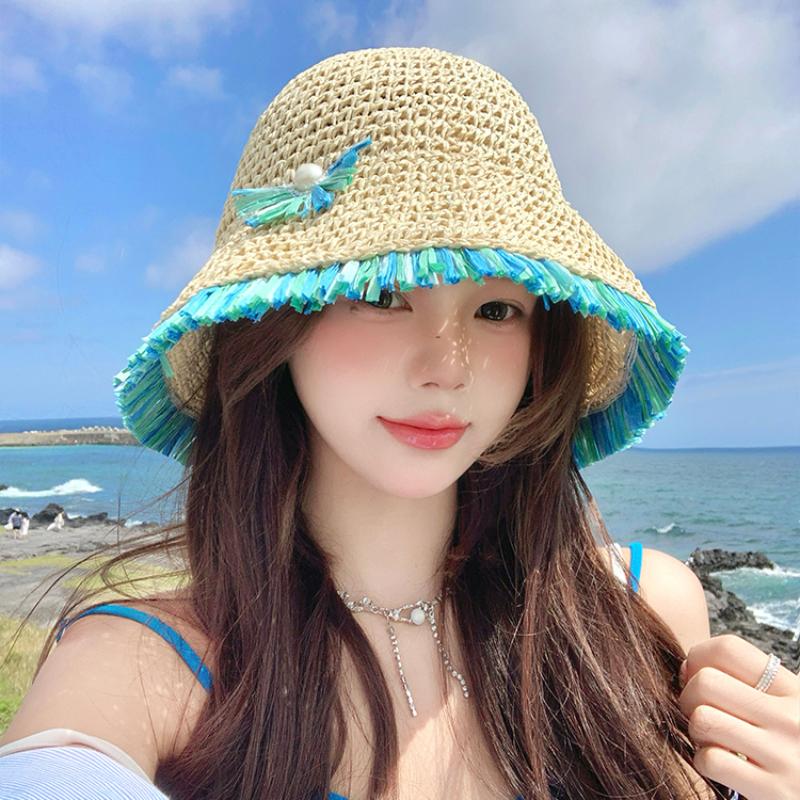 Свежая мятно-зеленая кружевная соломенная шляпа для женщин 2024 года, летняя дорожная шляпа с большими полями, защита от солнца, универсальная складная повседневная шляпа-ведро