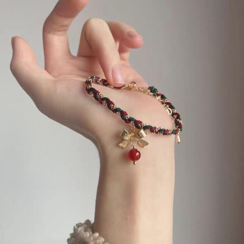 Шикарный красный белый зеленый плетеный браслет с бантом для женщин, идеально подходящий для рождественских подарков