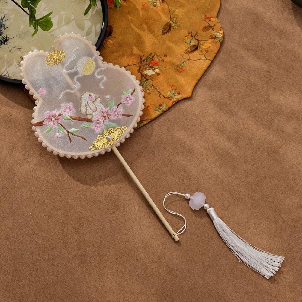 Long Handle Chinese Style Embroidery Fan Handheld Dance Fan Cute Group Fan Dance Performance