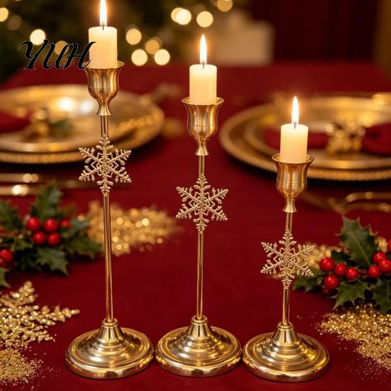 Christmas Table Centerpiece Decorations 3Pcs Tree/Snowflake Taper Candle Holders, 3 Size Gold Candlestick Vintage Festive Snowflake Set Decorative