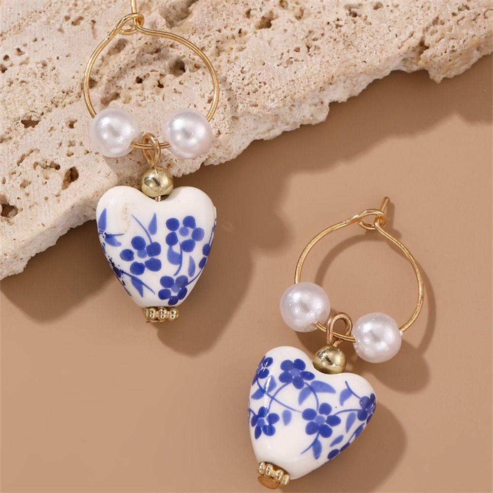 Ceramics Blue and White Porcelain Earrings Bohemia Earrings Flower Beaded Earring  Birthday Gift