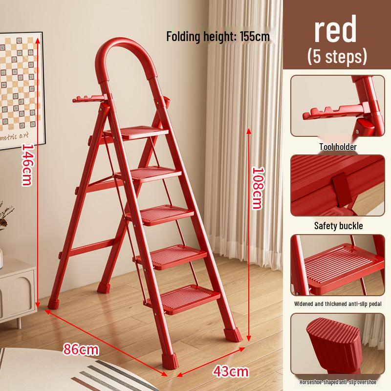 Red Festive Folding Telescopic A-Frame Ladder Stool: Indoor & Outdoor Use