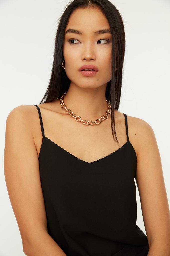 Women's Fashion New Blouse Black Basic Strap Woven Blouse