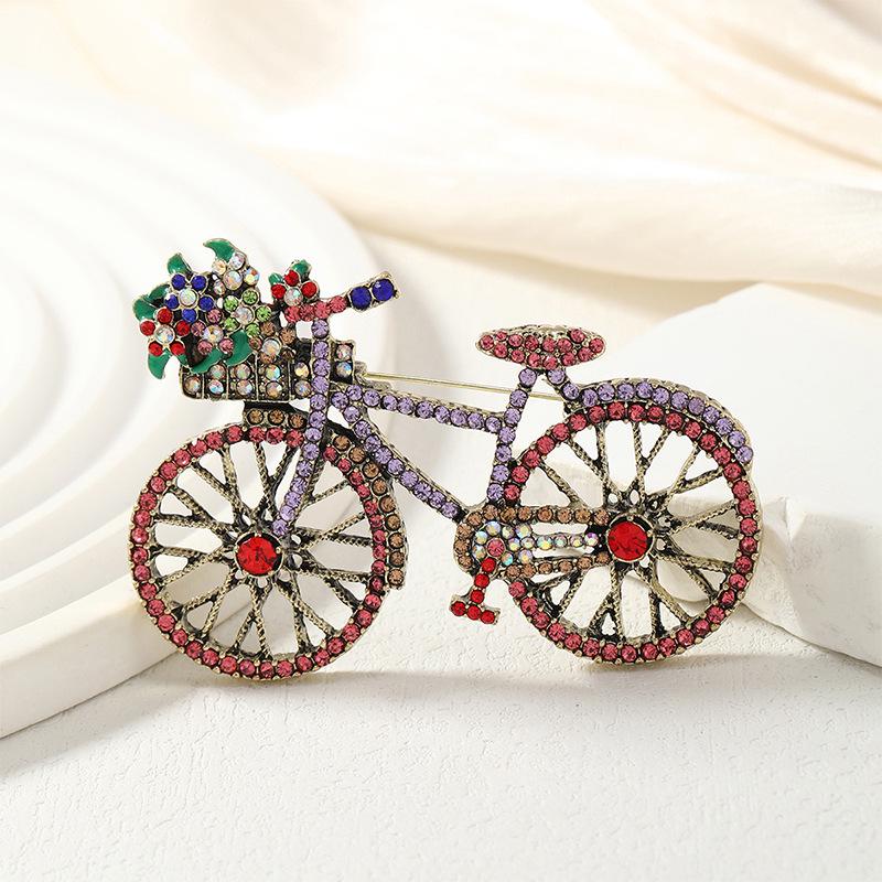 Vintage Bicycle Rhinestone Brooch - Floral Pin for Women's Overcoats or Hats