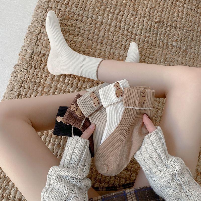 Хлопковые носки с вышитым медведем, дезодорирующие носки, женские длинные носки для средней школы, милые японские длинные носки