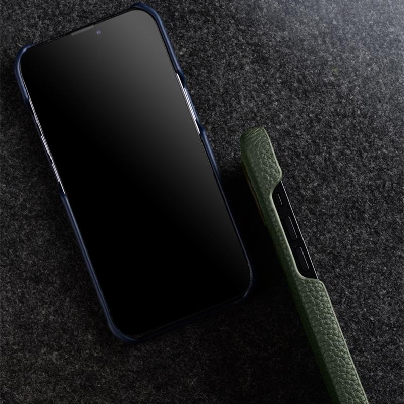 MELKCO For iPhone 14 Pro Max Genuine Cow Leather Coated PC Back Case Soft Microfiber Lining Incomplete Cover Phone Case