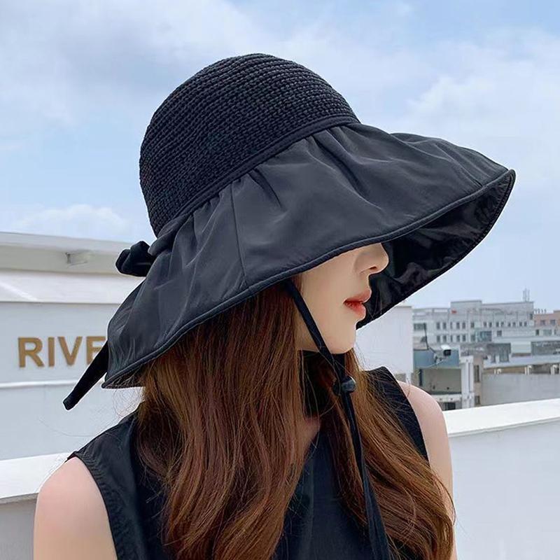 Summer New Women'S Bucket Hat, Uv Protection Sun Hat Solid Color Wide Brim, Foldable Beach Outdoor Ponytail Cap