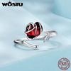 WOSTU Real 925 Sterling Silver Red Rose Opening Love Ring For Women Valentine Gift Flower Stud Earrings Fine Wedding Jewelry Set