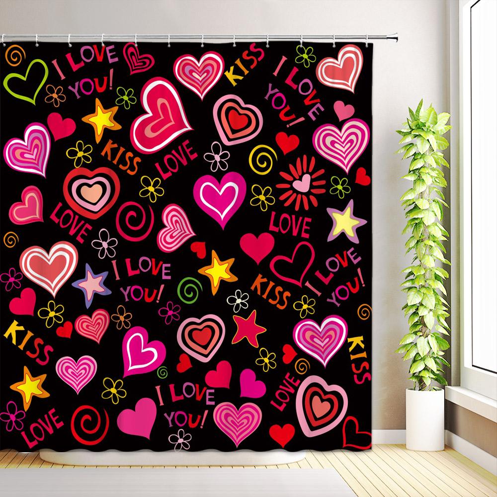Valentine's Day Shower Curtain Romantic Red Love Hearts Flowers Abstract Modern Bathroom Decor Fabric Bath Curtains with Hooks