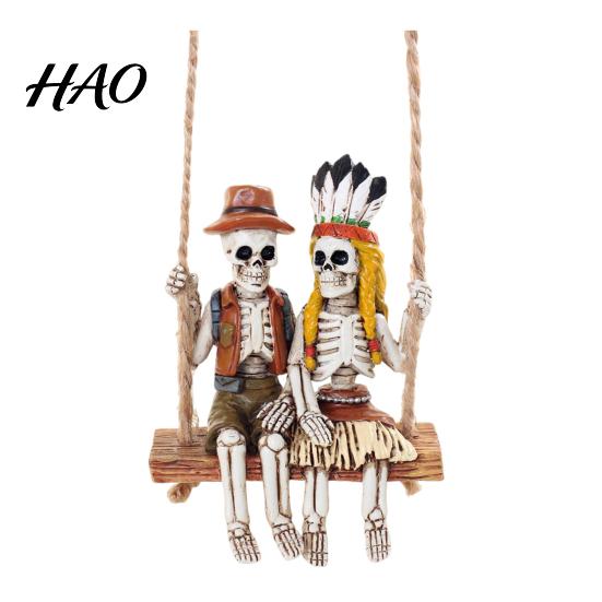 Day of The Dead Decor Swing Couple Skeleton Statue, Man Indian Woman Resin Novelty Branch Statue Figurine, Halloween Hanging Ornament for Indoor