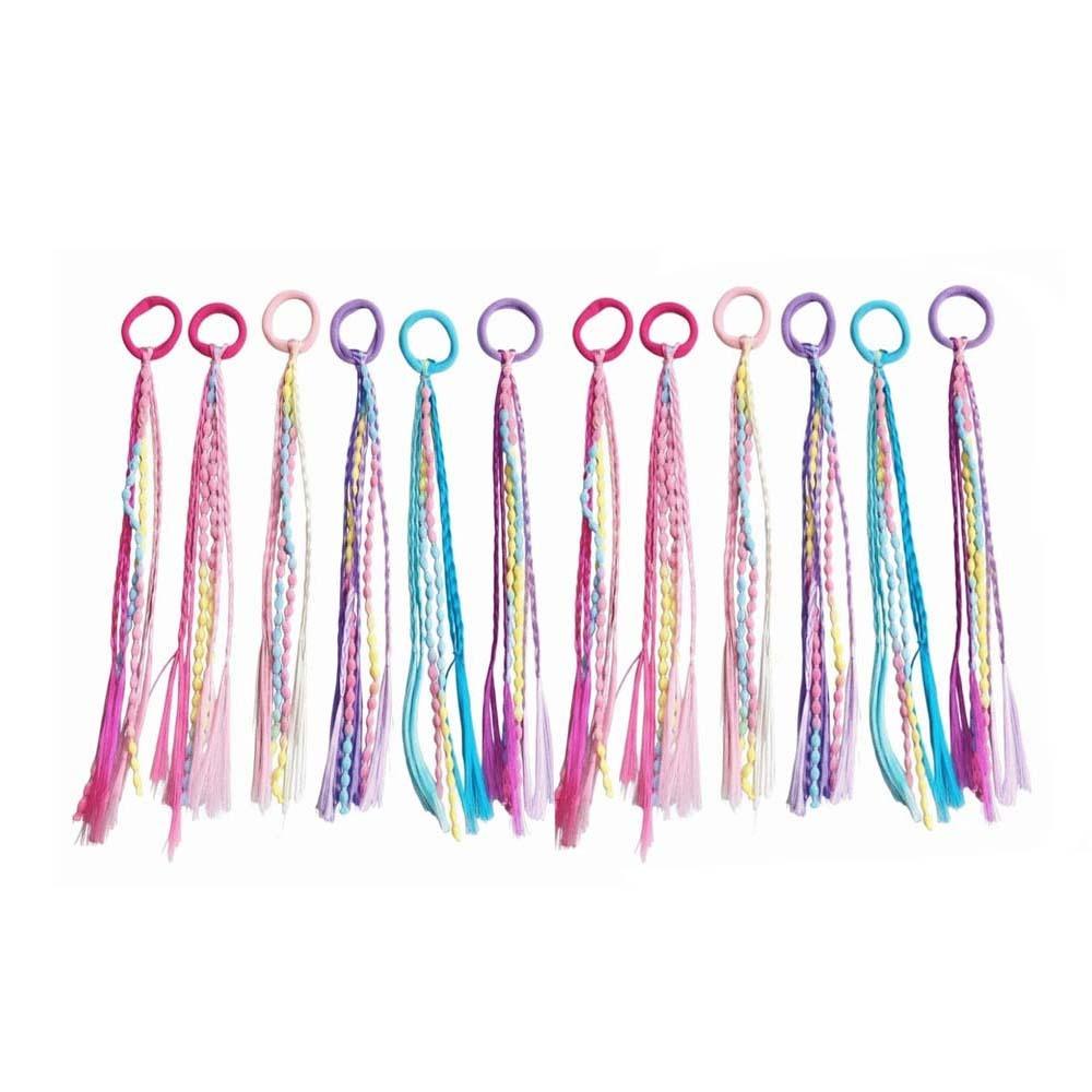 12pcs Tangle-Free Design Braided Hair Extensions Colorful Ponytail Holders Fashion-Forward Tweens