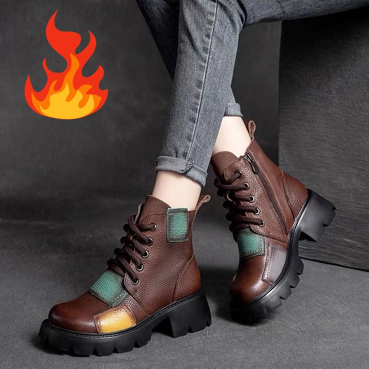 Women's Autumn and Winter Ethnic Style Short-tube Thick-heeled Single Boots Retro Patch Waterproof Platform Boots