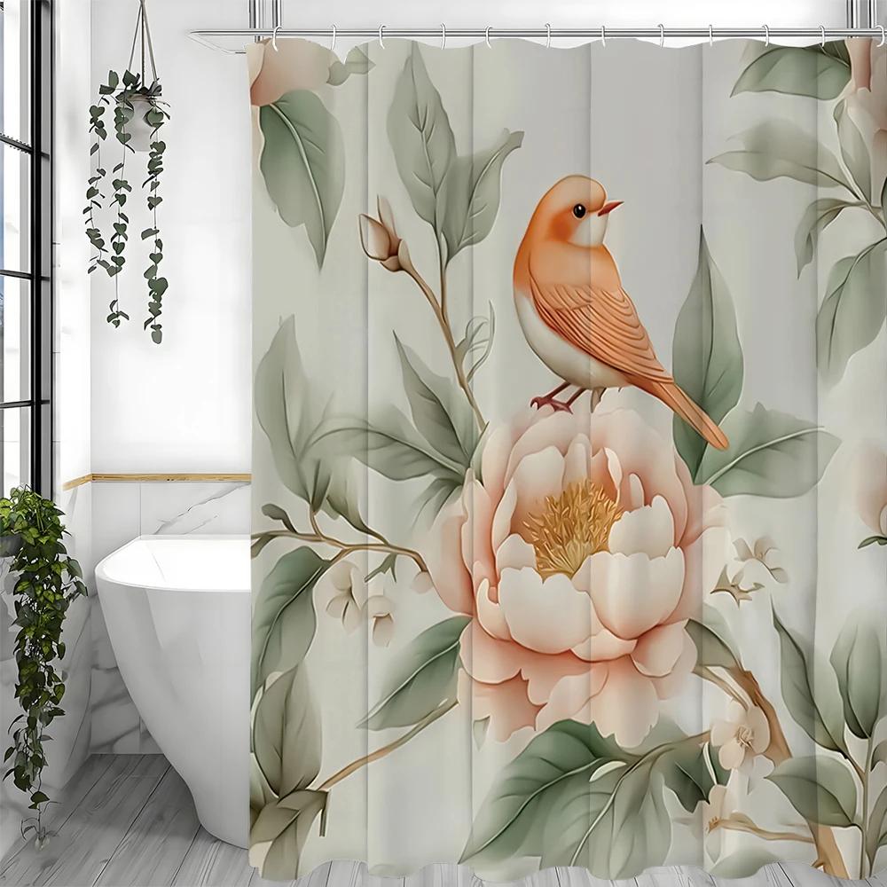 Розовая цветочная шторка для душа с пионами и птицами, Декоративная шторка для душа для ванной комнаты, Водонепроницаемая шторка для душа с крючками