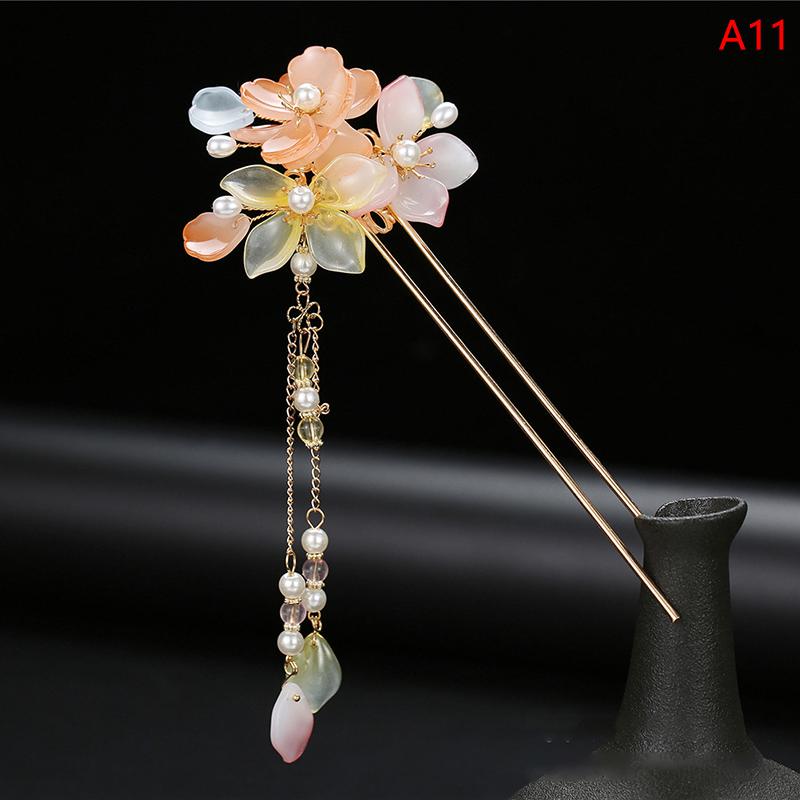 Retro Traditional Flowers Simulated Pearls Long Tassel Hairpins Hair Sti