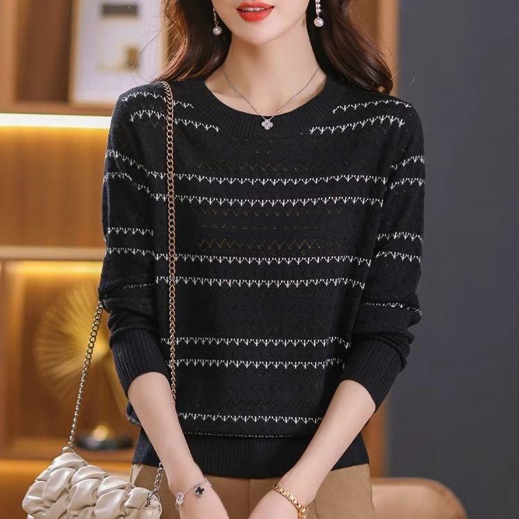 Полосатый вязаный свитер с длинным рукавом, жаккардовый свитер с круглым вырезом, модный универсальный низ и верх пальто на весну и осень