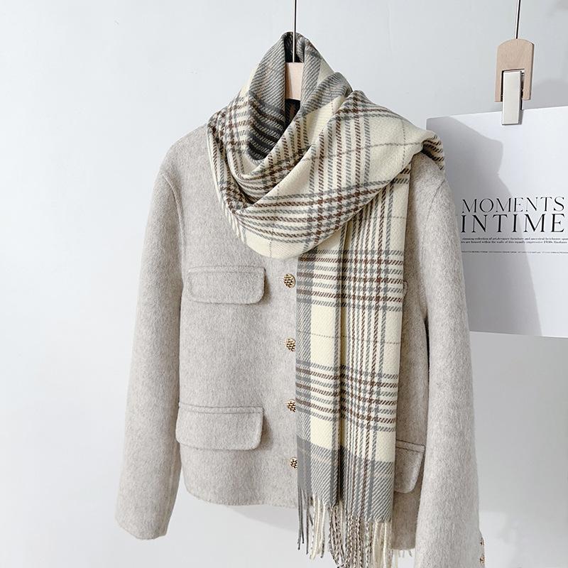 2024 Новый осенне-зимний клетчатый шарф из искусственного кашемира в сетку, теплый и ветрозащитный шарф, женский шарф с кисточками, шаль