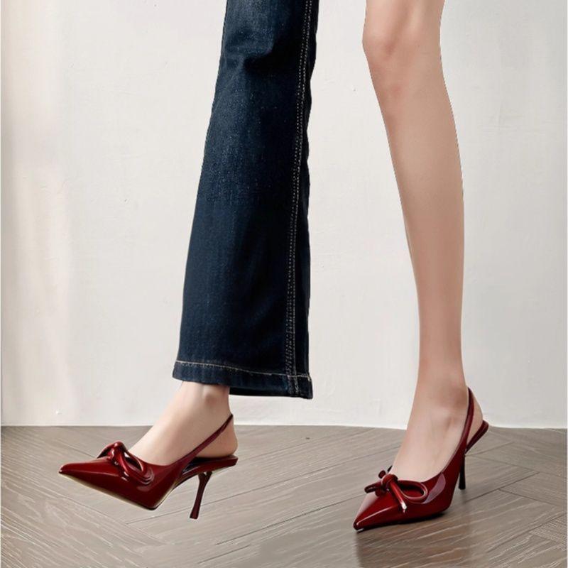 Интернет-знаменитость низкий каблук корейская версия французский бант женская мода темперамент бордовый стилет острый носок мелкий вырез туфли на высоком каблуке 2025