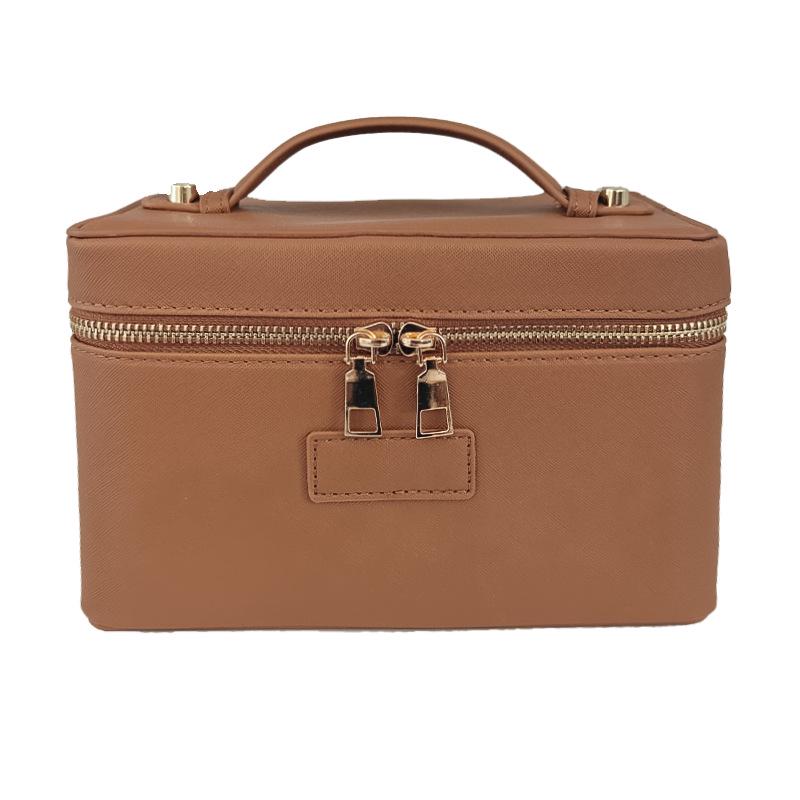 Portable Cross-Grain Leather Cosmetic Bag with Gold Hardware - Makeup and Skincare Travel Organizer