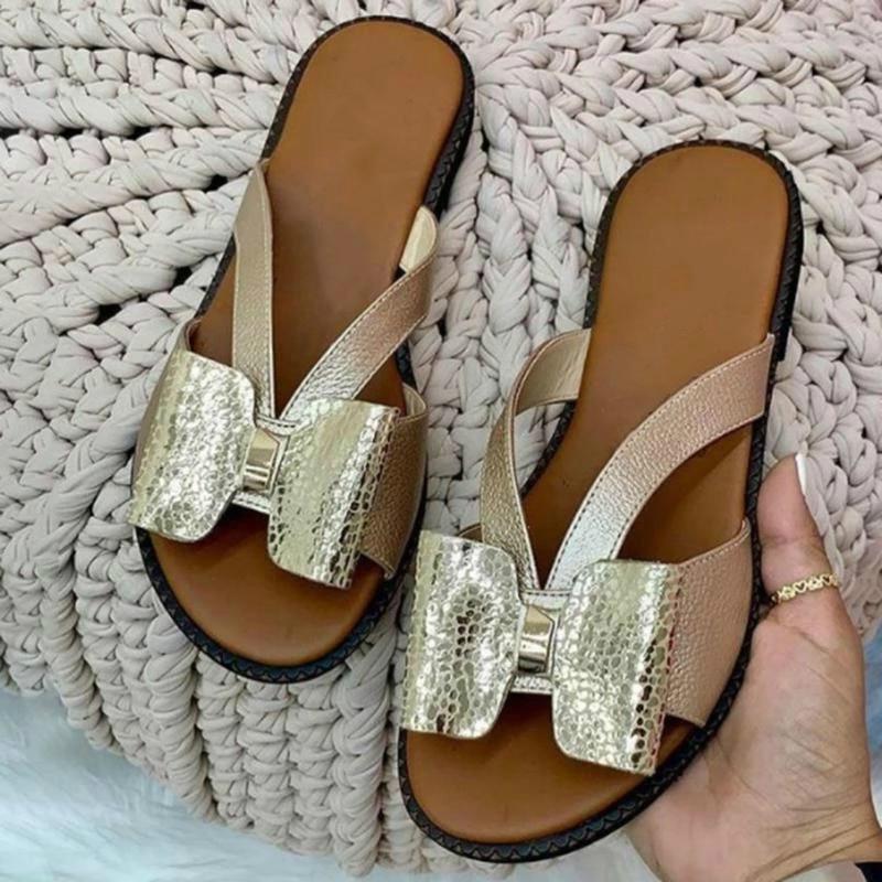 Летние модные женские тапочки 2023 года, большие размеры, плоские шлепанцы с бантом