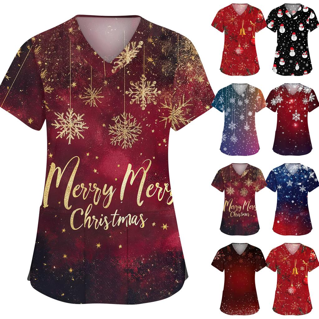 Women's Fashion V-neck Short Sleeve Workwear With Pockets Christmas Printed Tops