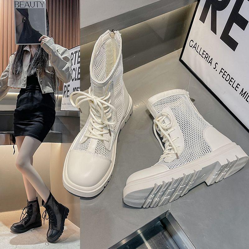 Летние ботинки на шнуровке в сетку, дышащие женские ботинки с высоким каблуком, красные полые ботинки, студенческие сапоги в сетку