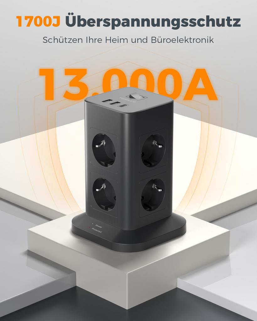 Tessan Сетевой фильтр Tower с удлинителем USB 2M, черный вертикальный сетевой фильтр Tower с защитой от перенапряжения, розетка EU Plug Tower