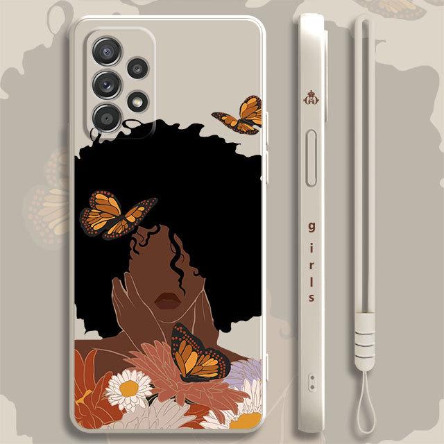Жидкий чехол для Samsung Galaxy A73 A71 A72 A12 A21s A23 A31 A32 A51 A52 A52s A53 A02s, красивая африканская девушка, цветок ромашки, бабочка