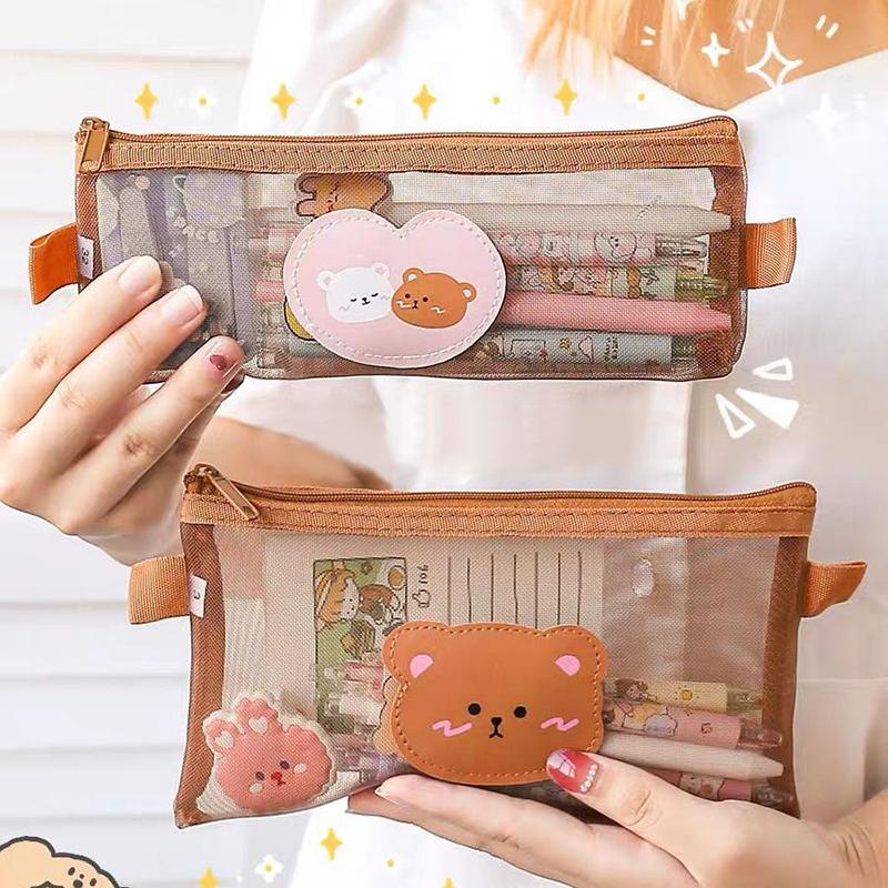 Милый мультяшный пенал с медведем, прозрачная сетчатая сумка для ручек, вместительный чехол для хранения канцелярских принадлежностей, офисные школьные принадлежности, подарки
