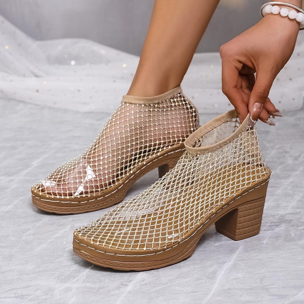 New Hollowed Out Diamond Studded Fashionable High-heeled Sandals for Women, Sexy and Comfortable Fishing Net Single Shoes, Suitable for The Beach