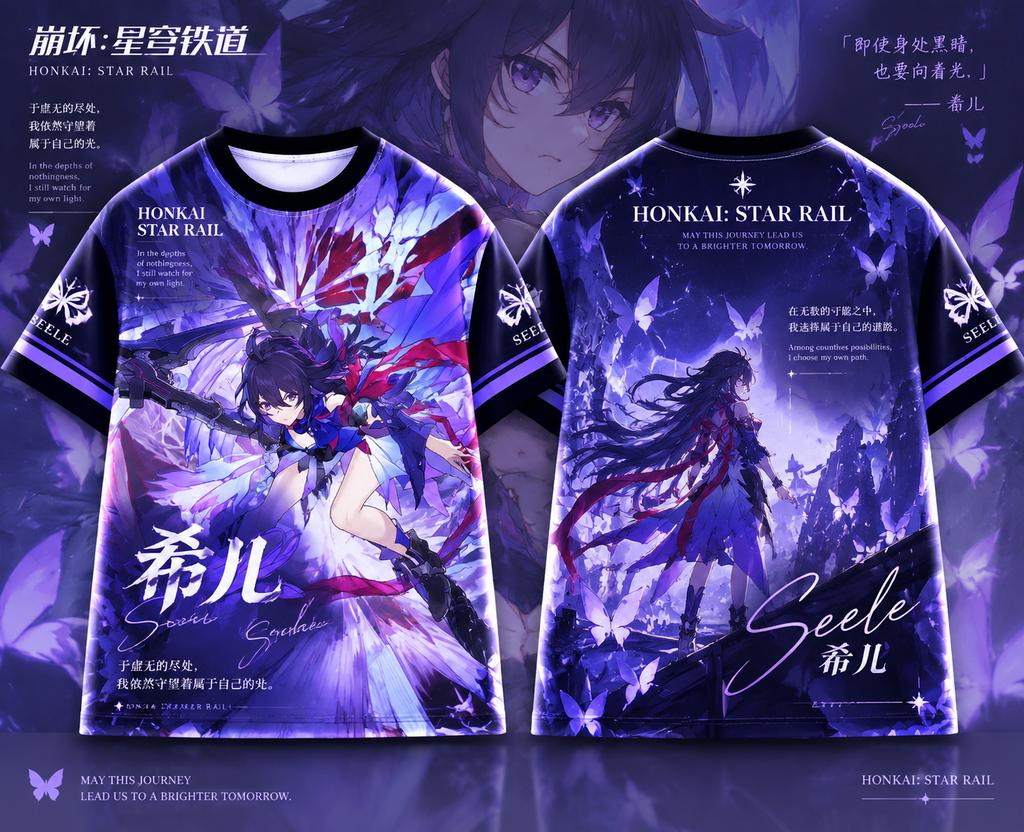 Y2K Honkai: Star Rail Seele Cosplay Graphic T‑Shirt, Anime Butterfly Full Print Casual Short Sleeve Tee for Men Women