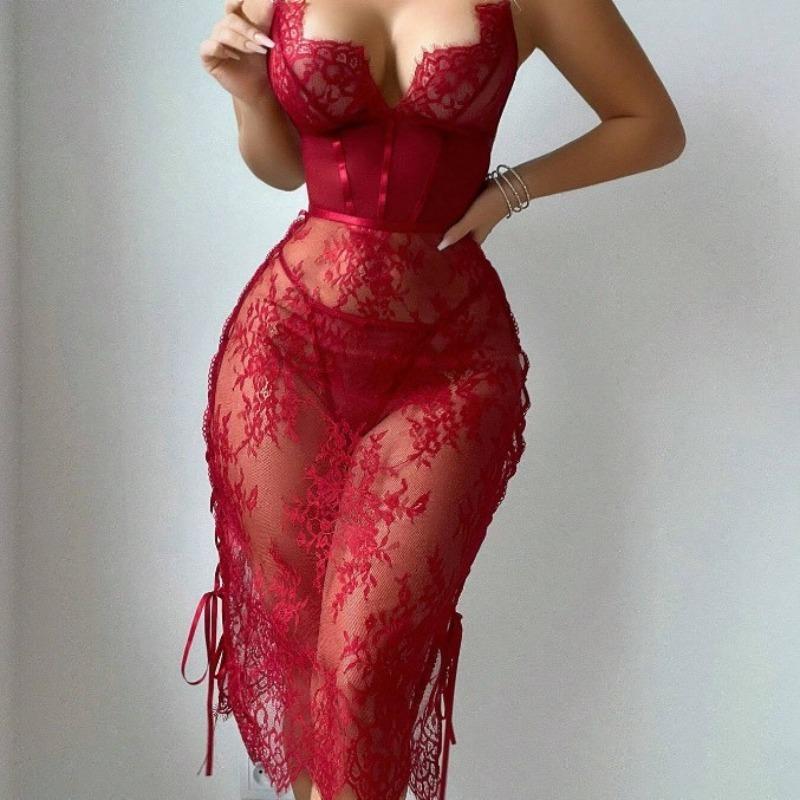 Toucheart Sexy Lace Hollow Out Solid Color Interesting Bodycon Dress Slim Backless Embroiderysee-through Womenunderwear Sexy Set