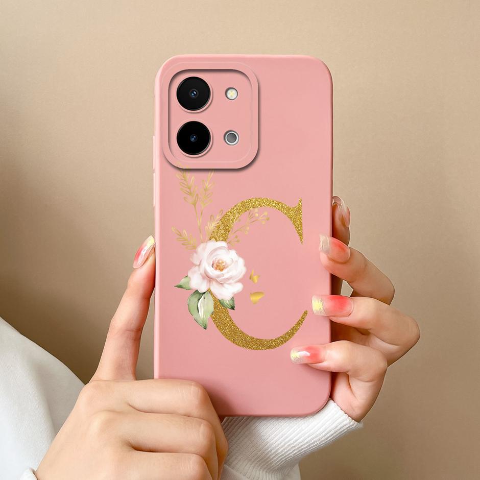 Чехол для Vivo Y28 4G 5G Цветочный рисунок 26 Букв Жидкий силикон ТПУ Задняя крышка для VivoY28 4G 5G Продвинутое ощущение Чехол для пары Оболочка