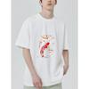 Crewneck T Shirt Black Koi Fish and Lotus Flower Print for Casual Wear