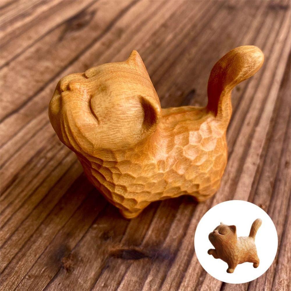 Small Wooden Cat Ornament Wooden Miniature Desk Animal Decoration Gift Animal Miniatures