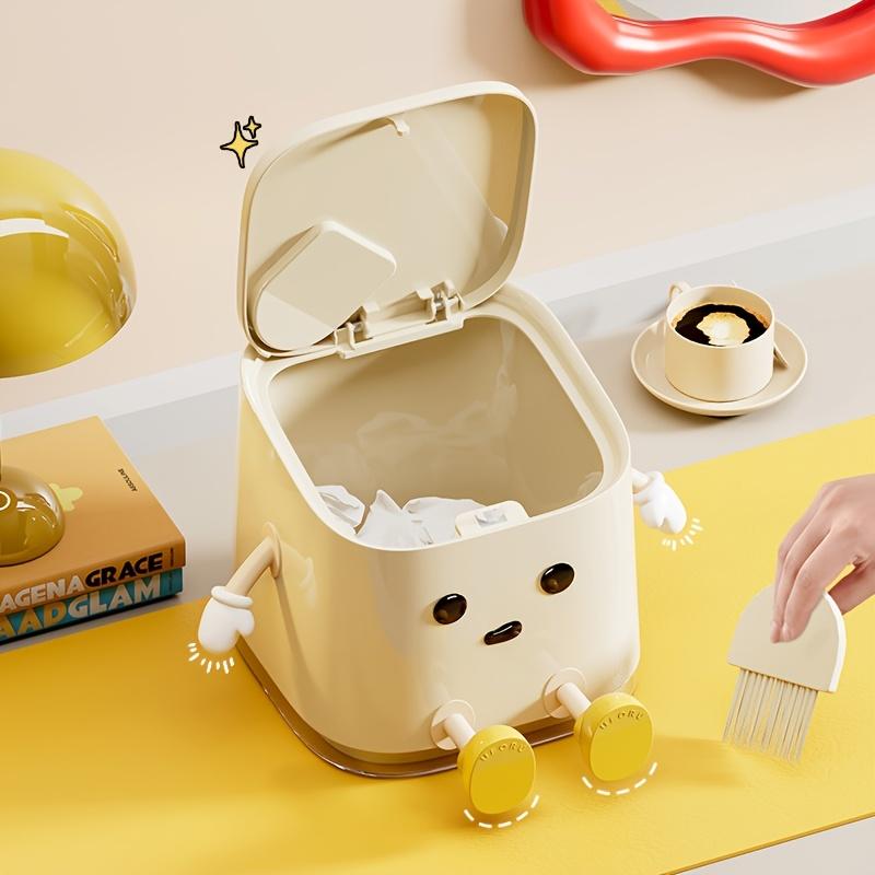 1 Pc Cute Push-On Mini Trash Can with Brush, Compact Desktop Trash Can, Storage and Cleaning Function 2 In 1