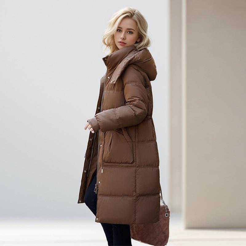 Пальто из хлопка с перьями, женская длинная зимняя утолщенная свободная куртка выше колена с капюшоном