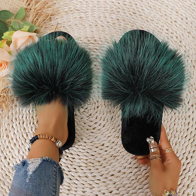 Summer Women Fur Slippers Woman Fluffy Raccoon Fox Fur Slides Female Furry Outside Flat Flip Flop Ladies Rainbow Slip On Sandals